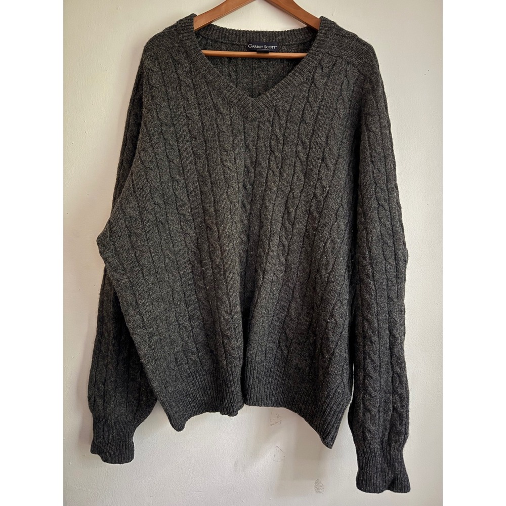Garret Scott Mens XXL Gray Cable Knit V-Neck 100% Shetland Wool Sweater Granola